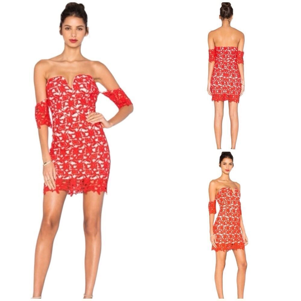 J.O.A Womens Sheath Dress Red Lace Sweetheart Neck Short Sleeve Lined Zip XS